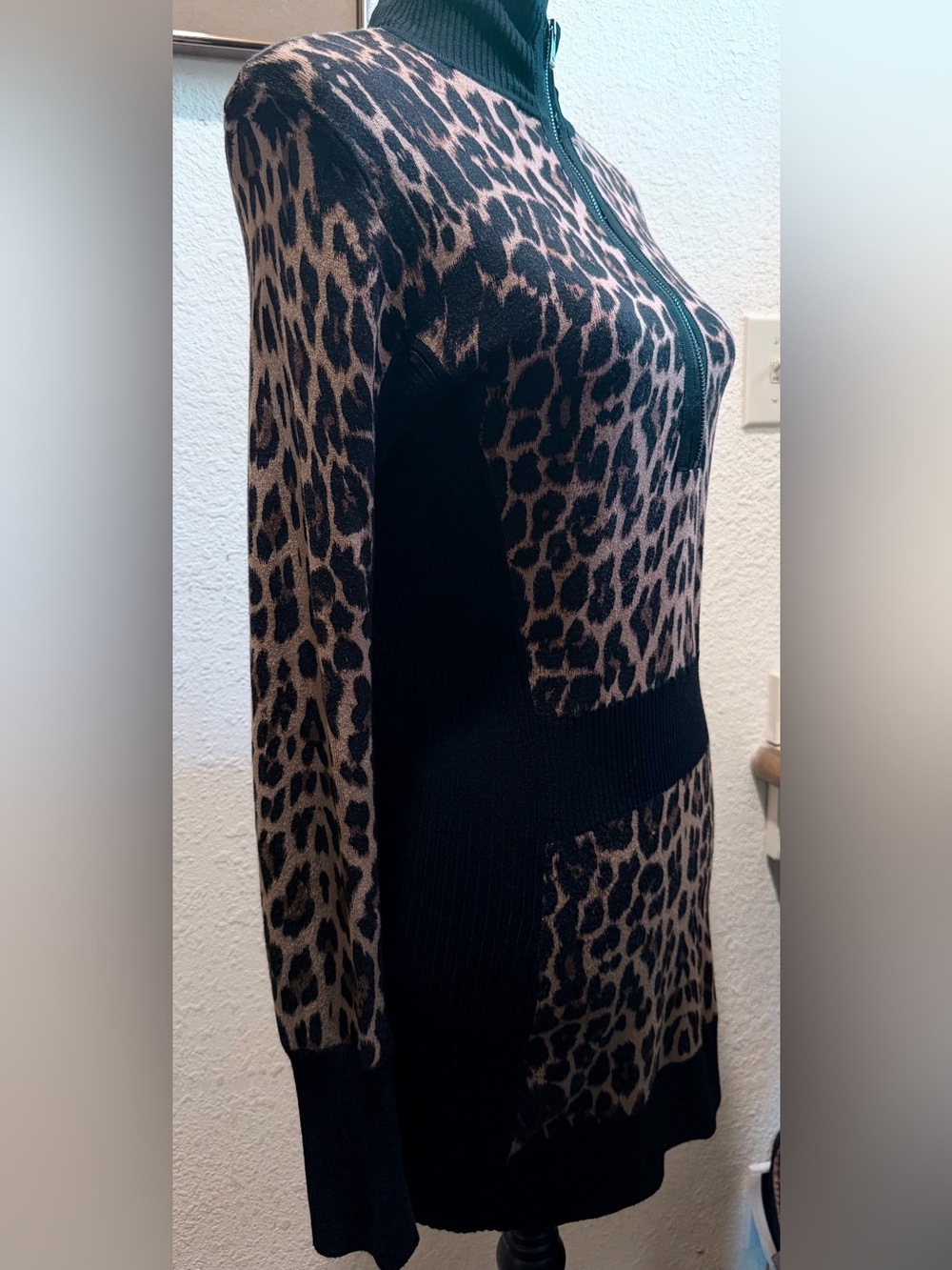 Cache Leopard Print Zip-Front Crewneck/mock collar Sweater in Black and Taupe